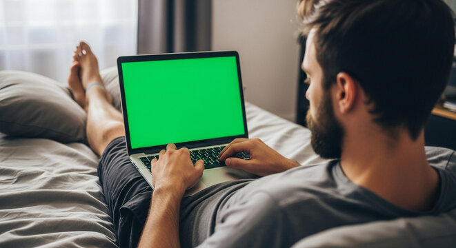 A person staring at a green screen of a laptop