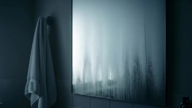 An atmospheric shot of a steamy bathroom mirror covered in condensation after a hot shower, with light reflections slowly appearing as the steam clears