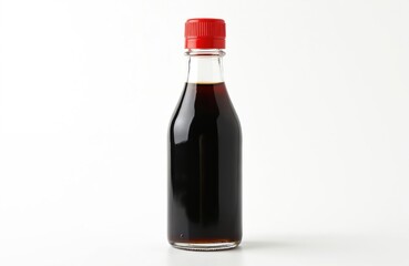 Clear glass bottle filled with dark liquid, likely soy sauce. Red cap seals container. Isolated on clean white background, this food item is presented for culinary use or as single product shot.