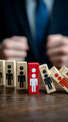 Red figure block stands firm amidst falling wooden figures domino effect business strategy