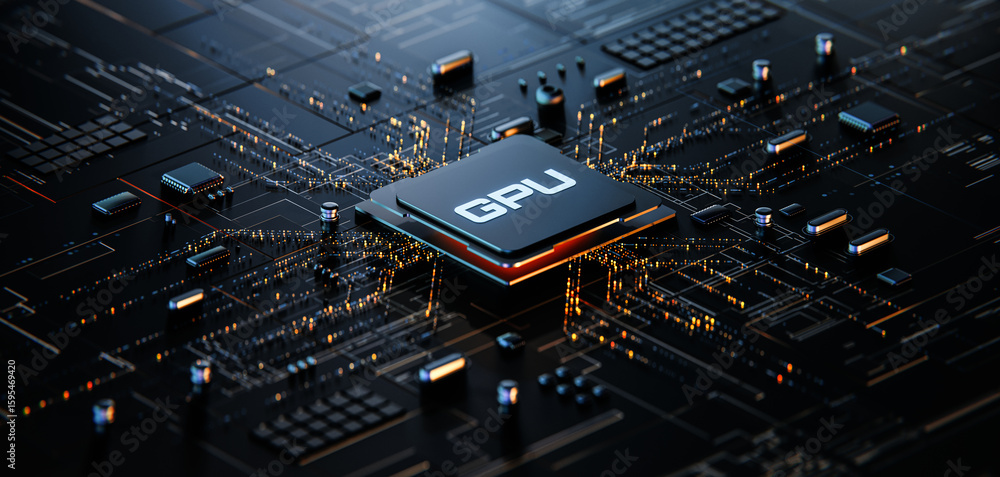 Poster futuristic gpu processor. graphics processing unit on circuit board