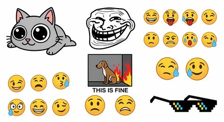 Diverse Meme Compilation: Cat, Trollface, Emojis, and "This is Fine" Dog