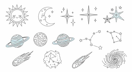 Celestial Collection: Whimsical Line Art of Planets, Stars, and Constellations