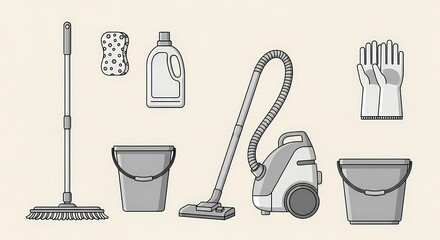 Vector Illustration of Cleaning Supplies: Mop, Vacuum, Buckets, Sponge, Gloves.