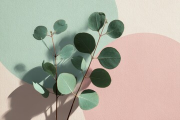 Eucalyptus branch casting a shadow on abstract pastel background in muted pink and green tones, ideal for natural beauty or botanical wellness themes