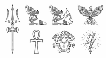 Mythological Symbols: Trident, Winged Boots, Phoenix, Ankh, Medusa, Lightning Bolt.
