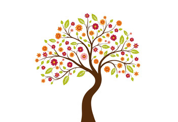 Obraz premium Colorful flowering tree with vibrant leaves and blossoms on white background 