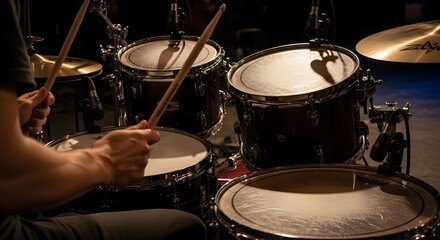 Obraz premium A drummer plays a drum set on a dark stage at a concert