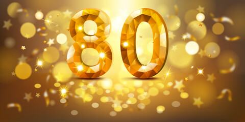 Golden number 80 with a faceted, gem-like appearance, set against a warm, golden background filled with soft bokeh lights and scattered golden stars, creating a festive and celebratory atmosphere.