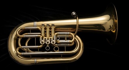 Fototapeta premium A golden euphonium is displayed against a black background in a studio