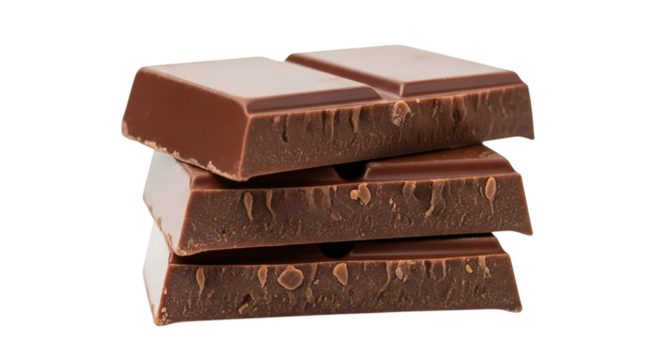 Delicious stacked milk chocolate pieces close up studio shot on clean transparent background