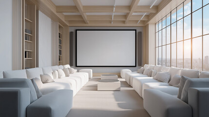 Fototapeta premium Modern home cinema with large white sectional sofas and projector screen movie theater