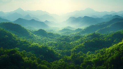 Obraz premium Serene Mountain Range Landscape Lush Green Foliage and Misty Peaks