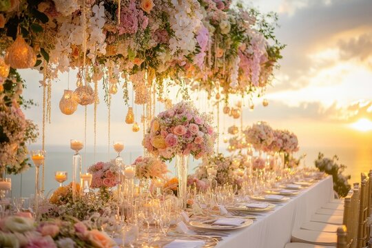 Dream sunset wedding with elegant floral arrangements and stunning ocean view during golden hour, of Dream Sunset Wedding