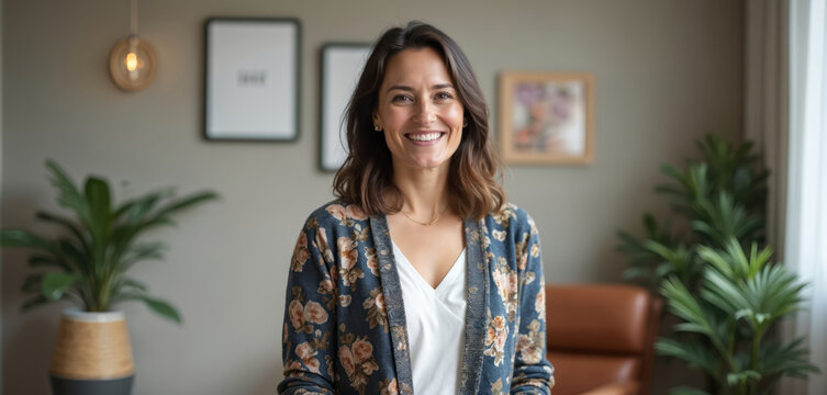 Friendly female clinical psychologist in therapy office, smiling warmly. Pro healer offers mental health support. Portrait in cozy clinic setting with plants and artwork.