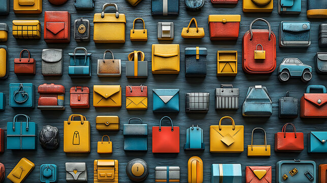 Colorful Collection of Bags, Briefcases, and Luggage Icons on Dark Wood Background