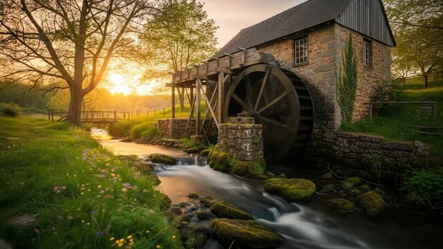 Old mill house with water wheel in scenic landscape at sunset