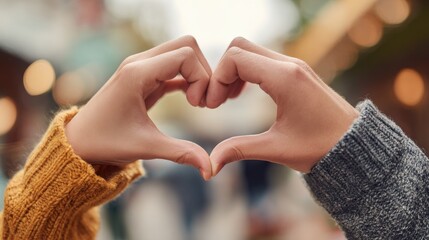 Closeup shot of young man and woman making heart shape with hand. Loving couple making heart shape with hands outdoor. Female and male hands making up heart shape., no logos, no brands