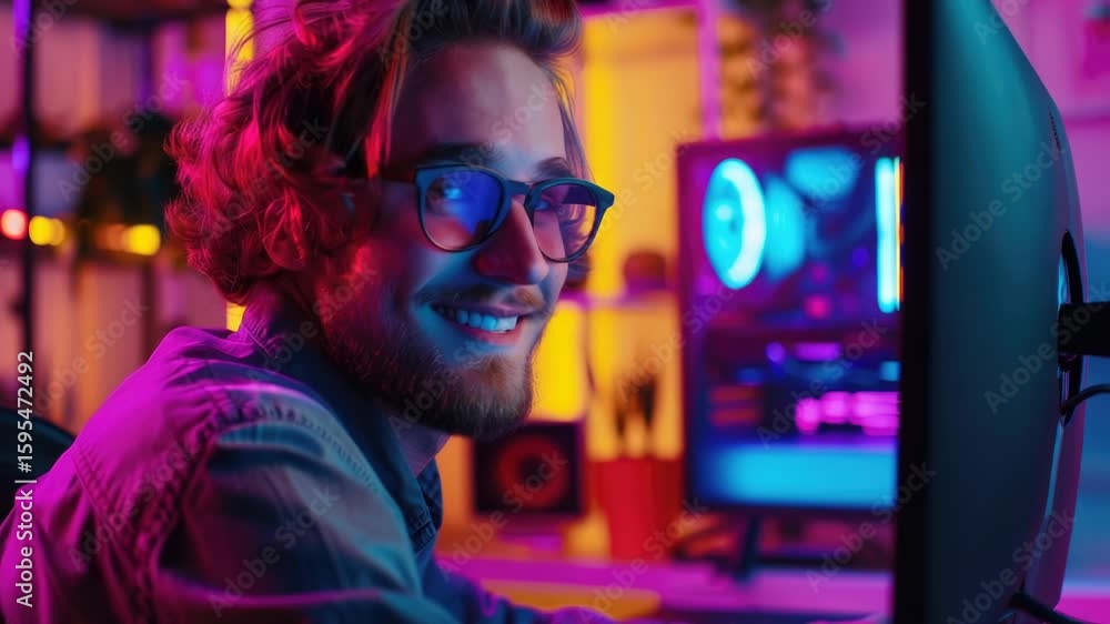 Poster a person sitting at a desk using a computer