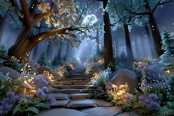 Enchanted forest trail with luminous fungi glow high resolution picture
