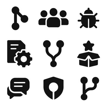 Open Source Icon Set. Solid style icons of open source collaboration: Git pull icon, contributors icon, issue tracker, open source