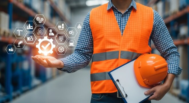 A warehouse worker in a safety vest holds a clipboard and a hard hat, with digital icons representing industry processes - Powered by Adobe