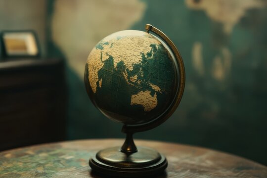 Spinning globe on world map background symbolizes exploration and global awareness in a cozy setting, globe spinning over world map