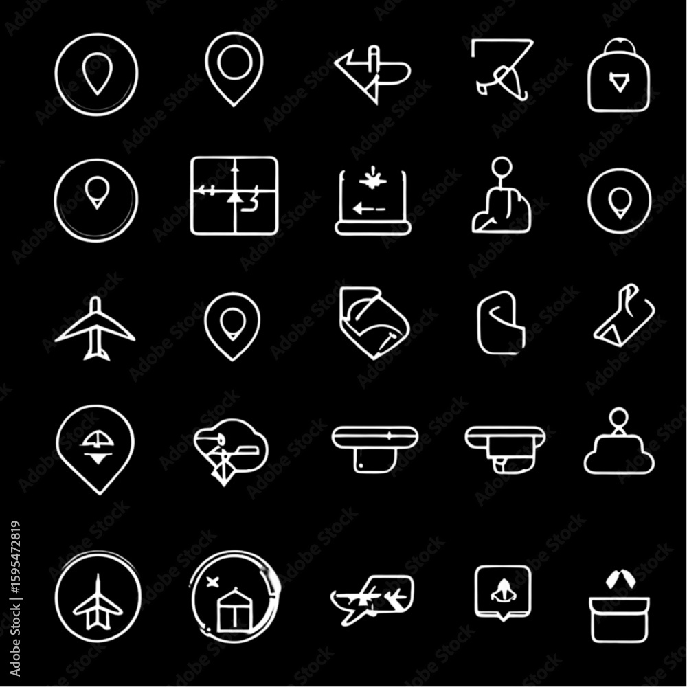 Poster clean white line icons for travel and navigation with location pin