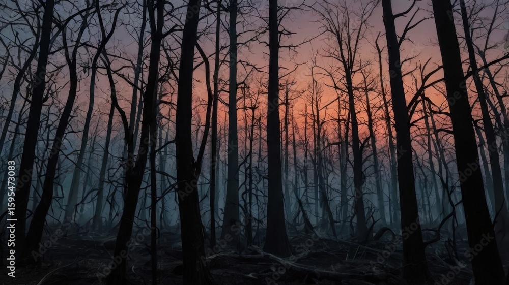 Poster dense forest with bare trees silhouetted against a colorful sky at dusk or dawn creating a spooky sc