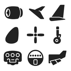 Aircraft Components Icons. Solid style icons of aircraft components: airplane engine icon, wing with flap symbol, aircraft tail