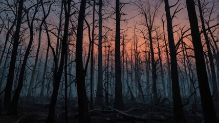 Dense forest with bare trees silhouetted against a colorful sky at dusk or dawn creating a spooky scene