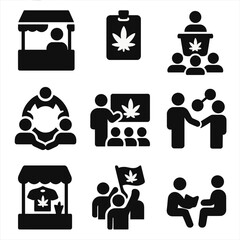 Cannabis Events Icons. Solid style icons of cannabis events and community: expo booth icon, hemp fair badge, cannabis conference