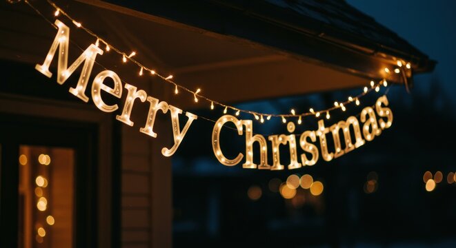 Illuminated Merry Christmas letters strung below a roof with fairy lights