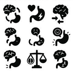 Gut-Brain Connection Icons. Solid style icons of gut-brain connection: stomach and brain linked icon, emotional digestion symbol,