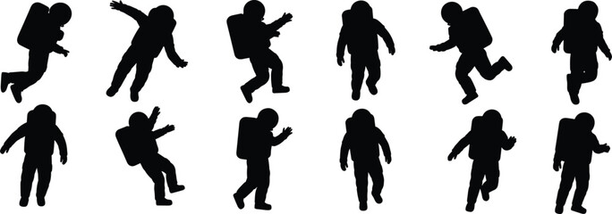 Astronaut silhouettes in space suit poses, zero gravity movement, outer space exploration illustration for science, technology, cosmic journey, stock design