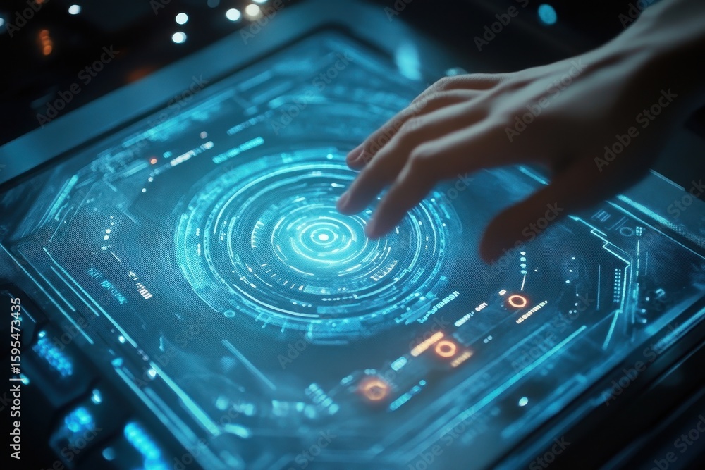 Poster futuristic interface showcasing virtual touch technology for interactive user experiences, futuristi