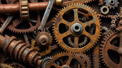 A close up of a collection of rusty gears and mechanical parts in a chaotic arrangement