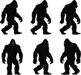 Bigfoot, Sasquatch, Yeti silhouettes, mythical cryptid walking poses, black and white vector, folklore monster illustration, paranormal creature design, Adobe Stock