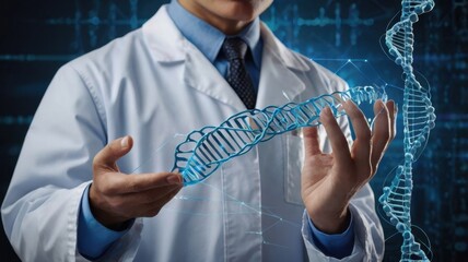 A scientist holding a dna model in his hands in a laboratory setting with a blue background effect