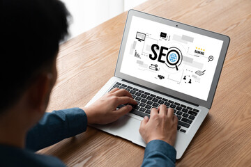 SEO search engine optimization for modish e-commerce and online retail business showing on computer...