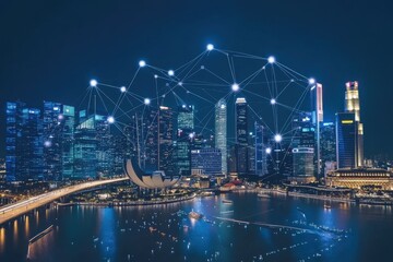 Global business connections and networking in a vibrant cityscape at night, Global business concept of connections and information transfer in the world from singapore