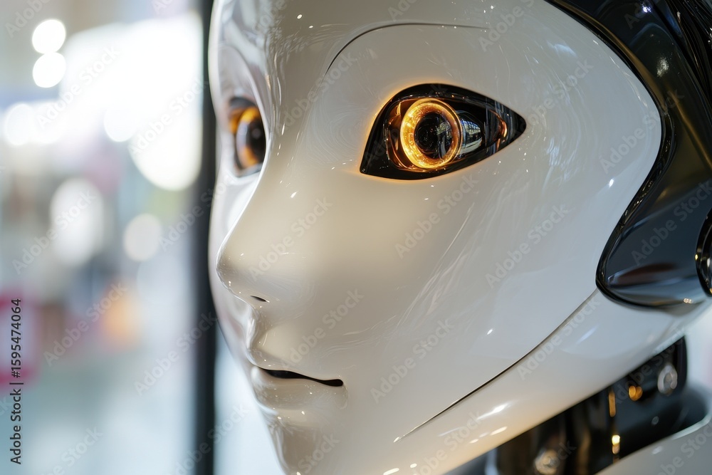Poster female robot gazing directly at the viewer with intricate facial design and glowing eyes, close-up o