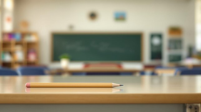 Students prepare for a new school year with pencils and classroom supplies on the desk in a bright classroom setting
