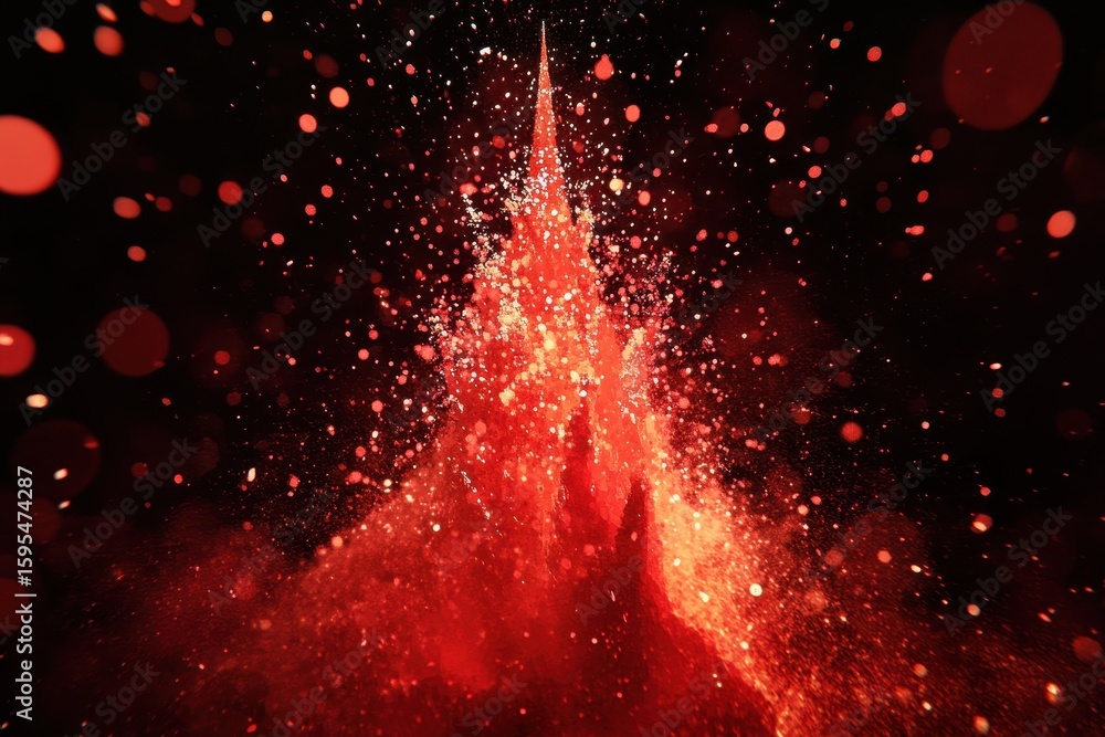Poster glowing red christmas tree with shining lights and sparkling particles in a festive atmosphere, glow