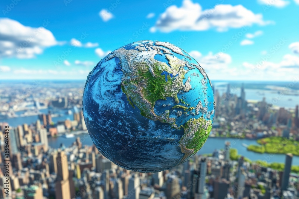 Poster globalization and technology converge in an abstract representation of earth over a bustling city, a