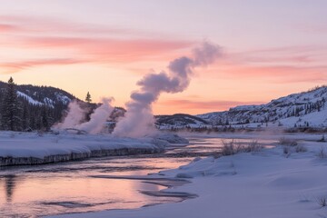 Steam rising in vibrant sunset colors over a winter river landscape, steam in sunset colors over a winter river