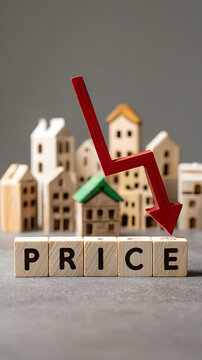 Wooden blocks spelling price with red downward arrow and miniature houses falling decrease