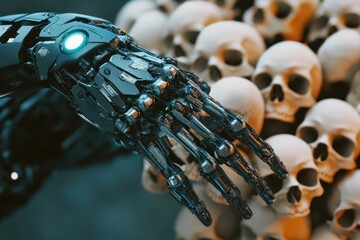Cyber arm emerges from a cluster of skulls symbolizing apotheosis in a dystopian setting, apotheosis war cyber arm showing off from bunch of human skulls