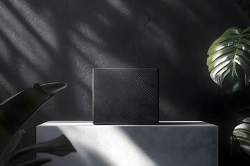 Dark Textured Square on Concrete Pedestal: Minimalist Product Display Background