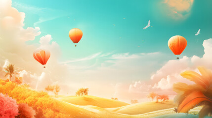 Hot air balloons over a vibrant landscape. Dreamy travel and adventure concept.